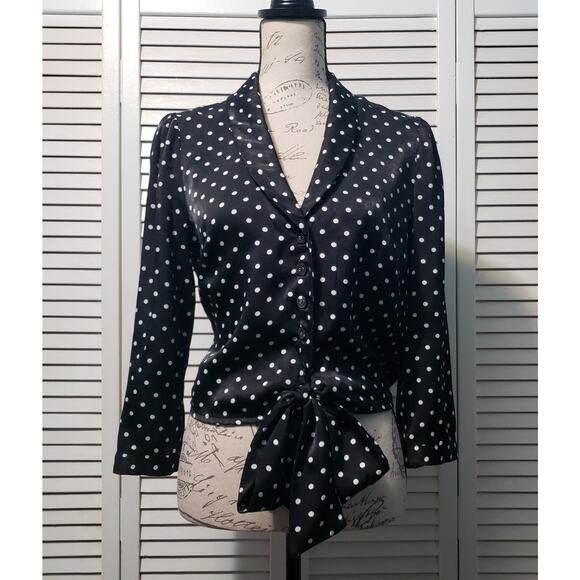 Laundry Cropped Button Front Blouse Women's Small Polka-dot Tie Front 3/4 Sleeve - Picture 1 of 11